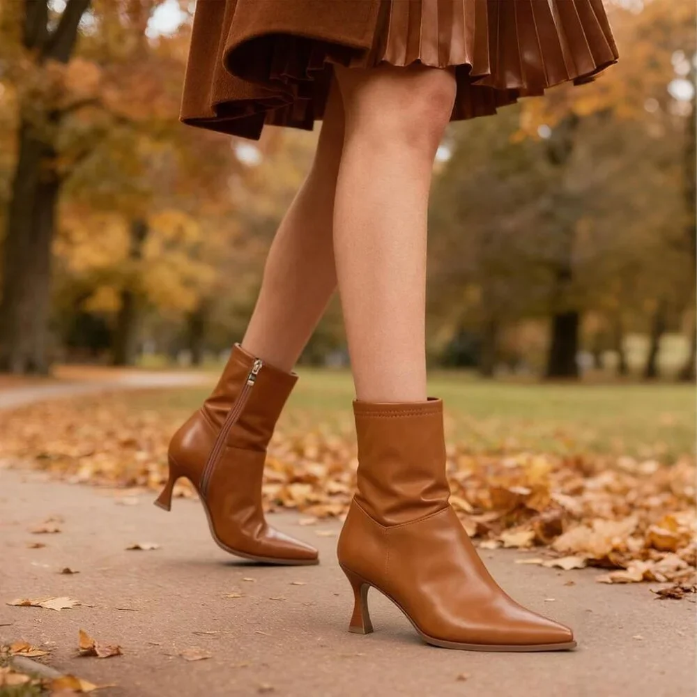 Women's Tan Ankle Stiletto High Heel Pointed Toe Side Zipper Dress Boots
